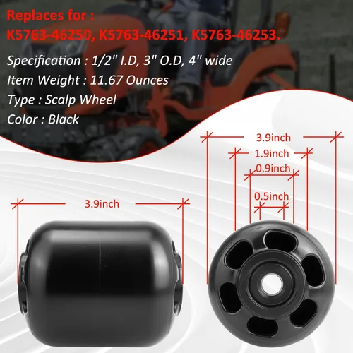Vista 5 de Reemplazo de rueda anti cuero cabelludo de 1/2" x 3" x 4" para KUBOTA Repuestos para K5763-46250 K5763-46251 K5763-46253 Se adapta a RCK48P-723Z