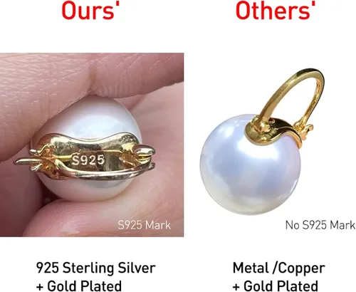 Vista 2 de OwMell Elegant 925 Sterling Silver Pearl Drop Earrings Dangle Stud Gold Plated Earrings for Women Large Size 12mm