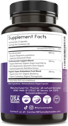 Vista 6 de Thomas' all-natural Remedies Resveratrol 1600mg Suplemento antioxidante orgánico Trans-Resveratrol con extracto de semilla de uva orgánico