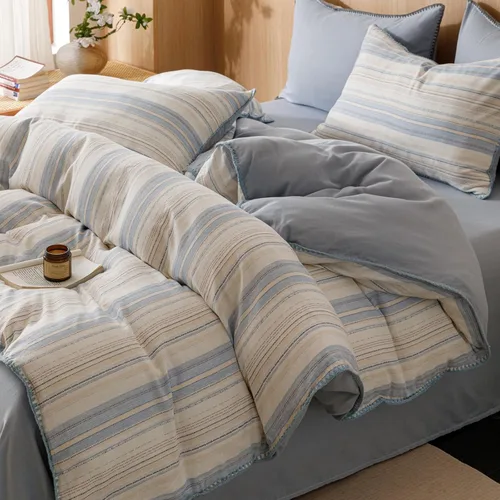Vista 47 de VM VOUGEMARKET - Juego de funda de edredón a cuadros de tamaño individual XL, ropa de cama de color verde, gris y naranja, algodón lavado, con 2