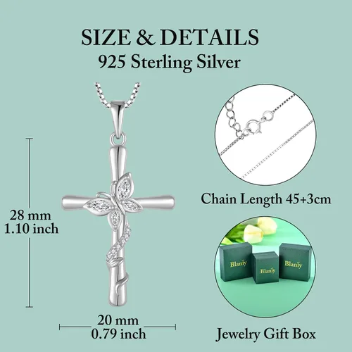 Vista 4 de Blaniy Collar de cruz para mujer, plata de ley 925, collar de mariposa, piedra natal, colgante de piedras preciosas creadas, regalos para mujeres
