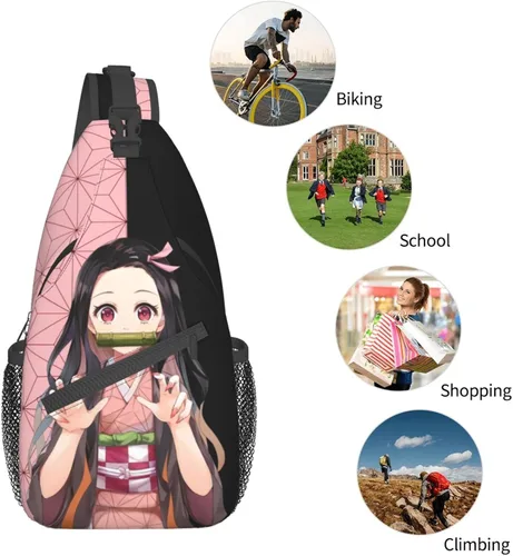 Vista 5 de Aolazw Mochila de anime Nezukos unisex cruzada mochila manga solo hombro bolsa pecho bolsa Cosplay Daypack, N1, Mochilas Sling