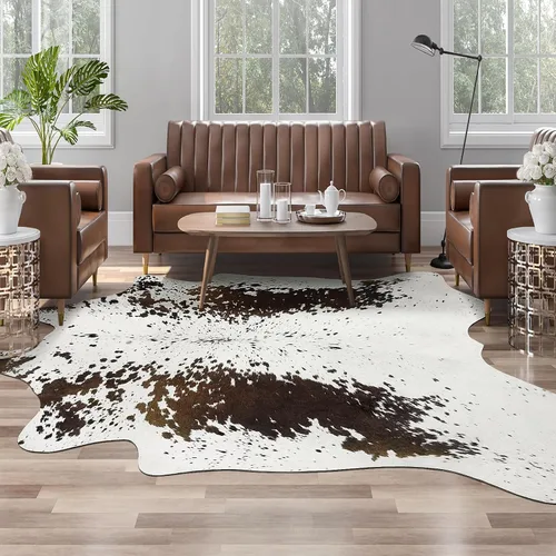 Vista 26 de Alfombra de piel de vaca sintética AROGAN, alfombra premium con estampado de vaca para decoración occidental boho, piel de vaca para dormitorio Negro