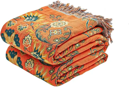 Vista 6 de Manta bohemia de muselina de algodón tejida con flores decorativas de 50 x A-verde