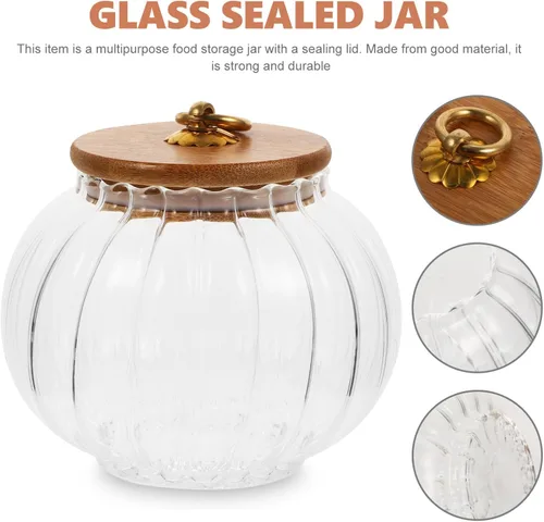 Vista 7 de Hemoton Tarro de almacenamiento de vidrio en forma de calabaza con tapa de bambú, recipiente hermético transparente de 27 onzas para organizar café