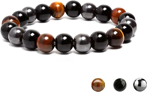 Vista 10 de Pulsera de triple protección para traer suerte y prosperidad hematita negra obsidiana ojo de tigre, pulsera Fengshui para mujeres y hombres
