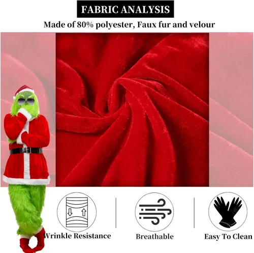 Vista 2 de ALYSSE Trajes de Papá Noel peludo verde para adultos, 7 piezas de disfraz de Papá Noel de lujo para hombres, cosplay de Navidad, incluye máscara