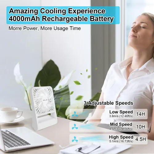 Vista 2 de ELZO Ventilador de viaje, mini ventilador de escritorio plegable, funciona con pilas, 3 velocidades ajustables de inclinación de 225°, ventilador