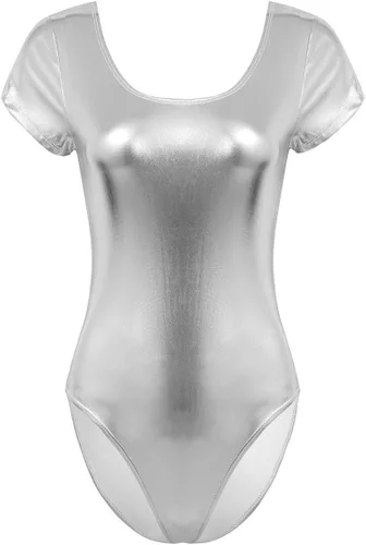 Vista 6 de FEESHOW Maillot de gimnasia de manga larga brillante metálico para mujer Negro