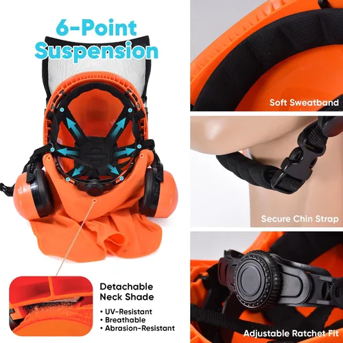 Vista 8 de Safeyear Casco de motosierra con protector facial y orejeras, casco forestal certificado ANSI con correa para la barbilla, visera de malla