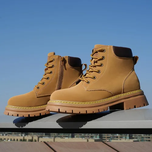 Vista 5 de JABASIC Botines de cuero para mujer, tacón bajo, con cordones, botas de combate, botas de trabajo de moda para exteriores