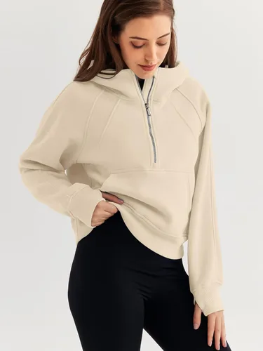Vista 3 de WYNNQUE Sudadera corta con capucha para mujer, manga larga, forro polar, media cremallera, ropa de otoño