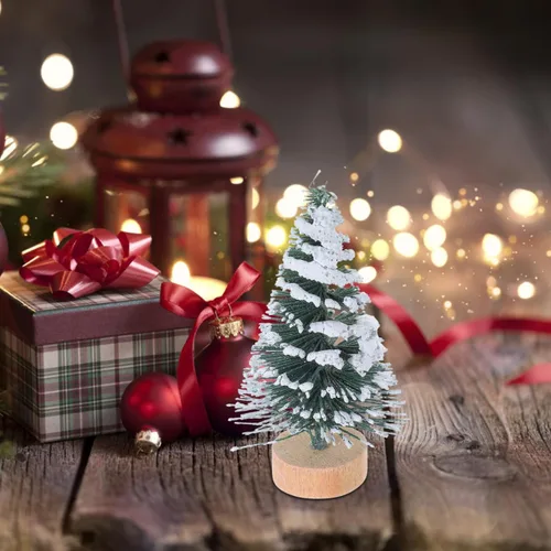 Vista 6 de 10 piezas de mini árbol de Navidad en miniatura de pinos con base de madera para manualidades, fiesta de Navidad, decoración del hogar