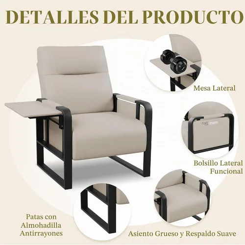 Vista 6 de Silla de Acento Moderna Tapizada en Cuero PU Sillón con Mesa de Bandeja para Dormitorio Sala de Estar Sillas Silla de Oficina Beige Modern Living