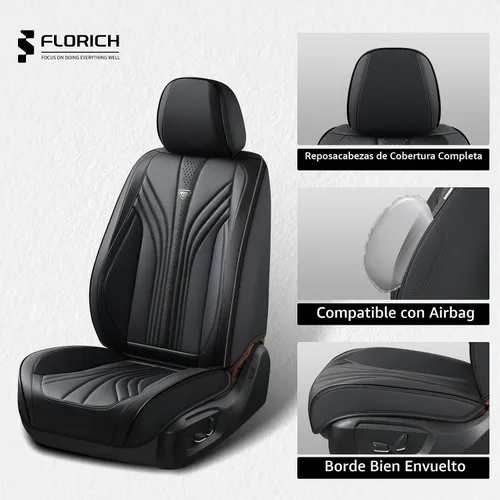 Vista 4 de FLORICH Juego completo de fundas para asiento de coche, fundas de asiento de cuero, fundas universales de lujo para 5 asientos en color negro