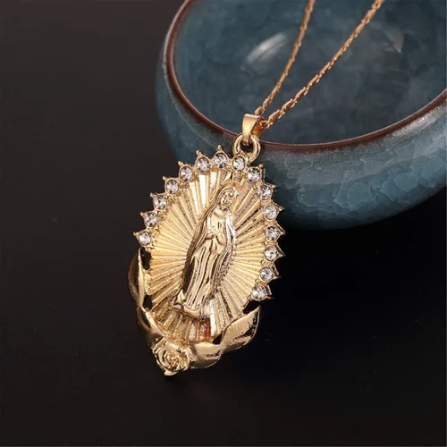 Vista 4 de Collar con colgante de cruz de Virgen María, collar con colgante de medalla milagrosa, chapado en oro, joyería de cadena de cruz cristiana católica