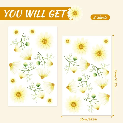 Vista 7 de Calcomanías de pared de margaritas para despegar y pegar, calcomanías de pared de vinilo con margaritas amarillas extraíbles, decoración de pared
