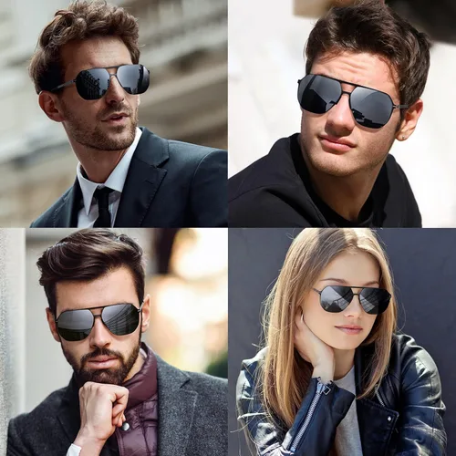 Vista 4 de Lentes de sol modernos de aviador para hombres y mujeres, lentes polarizados ultraligeros con marco de metal, lente de espejo plateado, protección