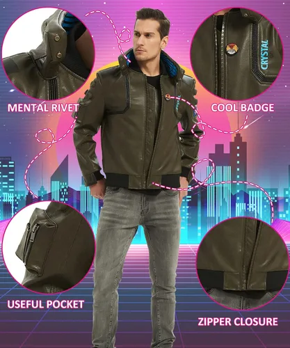 Vista 3 de HOTIME Chaqueta Samurai verde polvoriento, disfraz de cosplay, juego de rol, de piel sintética, chaqueta bomber de motocicleta de invierno, XS-XXL