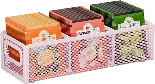 Vista 12 de Tea Bag Organizer 6 Grids. Mesh Tea Bag Holder with Handle, Teabag Holder, Tea Station Organizer for Countertop, Pantry, Kitchen, Cabinet - Pink