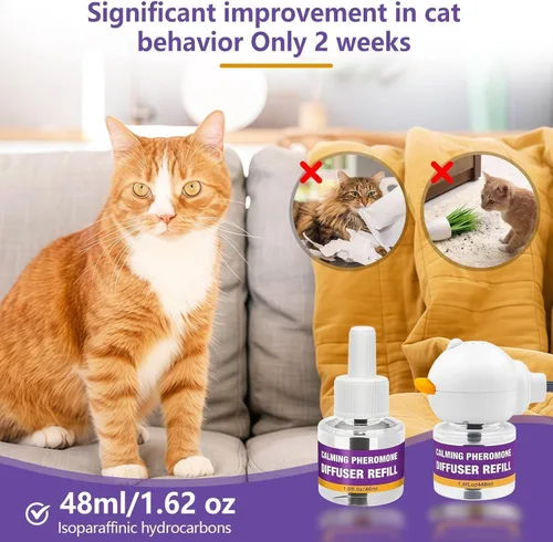 Vista 5 de Kit difusor de feromonas calmante para gatos, alivio del estrés y la ansiedad de larga duración, reduce la lucha, la pulverización y los arañazos