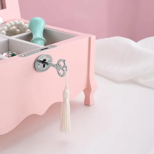 Vista 6 de Joyero musical de bailarina de pies grandes con espejo y cerradura para niñas, caja de almacenamiento de joyas rosa para niños, organizador de joyas