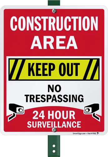 Vista 7 de SmartSign Letrero de "Área de construcción: Keep Out, No Trespassing, 24 Hour Surveillance" Aluminio reflectante de grado de ingeniero 3M de 10 x