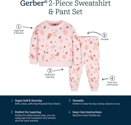 Vista 6 de Gerber Conjunto de sudadera y pantalón deportivo de forro polar de 2 piezas para bebé niña