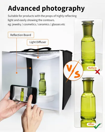 Vista 5 de Caja de luz Glendan para fotografía, caja de fotos de 10"x10" con 88 luces LED de alto índice de reproducción cromática, 6 fondos de PVC