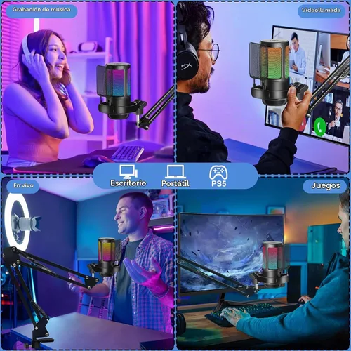 Vista 7 de KingSom - Micrófono USB para juegos, micrófono de condensador con cancelación de ruido con brazo articulado, micrófonos para podcast RGB
