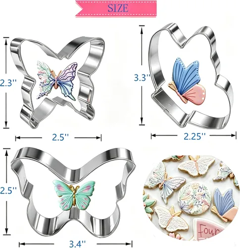 Vista 2 de Juego de 3 cortadores de galletas de mariposa, cortador de acero inoxidable para fiestas temáticas, baby shower, boda, primavera, vacaciones