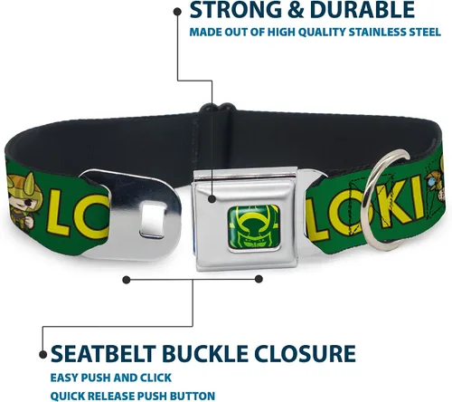 Vista 4 de Buckle-Down Collar de perro hebilla kawaii Loki pie pose texto verde amarillo multicolor, 1 pulgada de ancho - se adapta a cuello de 9-15 pulgadas