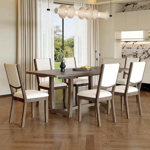 Vista 48 de Juego de mesa de comedor rústica de 6 piezas con mesa rectangular de caballete y 4 sillas tapizadas y banco, juego de mesa de comedor de cocina