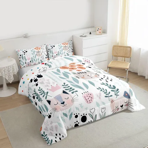 Vista 5 de Juego de ropa de cama tamaño individual para niñas y niños, juego de edredón de dibujos animados de animales y gatos, decoración de habitación
