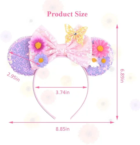 Vista 4 de YOWOCAL Diadema con orejas de ratón y flores de mariposa, lazos de lentejuelas, disfraz de cosplay, orejas de ratón rosadas, para niños, mujeres