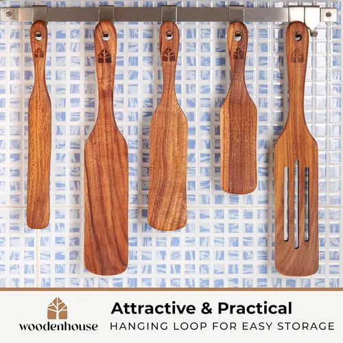 Vista 4 de Juego de 5 espátulas de teca, herramientas de cocina de madera, utensilios de cocina antiadherentes para servir, agitar, mezclar, raspar, recoger