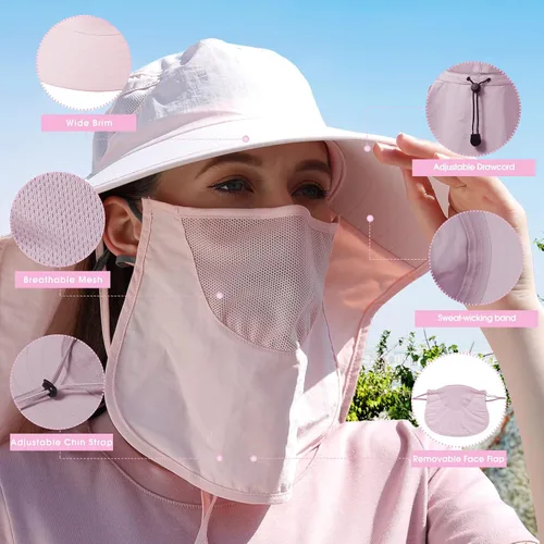 Vista 5 de icolor Sombrero solar para mujer con protección solar UPF 50+ de ala ancha, visera de protección solar UV con solapa de cuello de 12 pulgadas