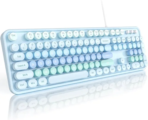 Vista 23 de MOFII Teclados de computadora con cable, teclado USB de tamaño completo Plug Play, bonito teclado estético colorido con soportes plegables