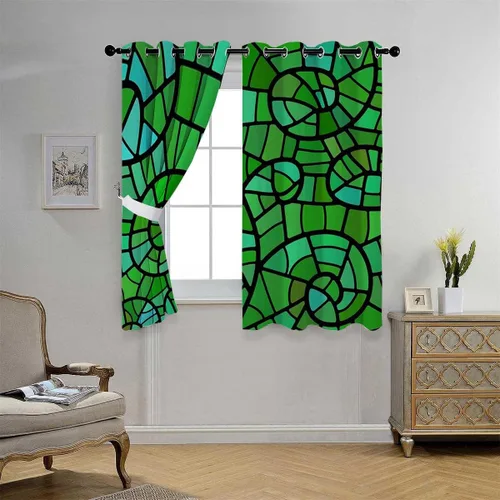 Vista 2 de Cortinas para Cuarto Mosaico Verde Decoración Retro Mosaico Divisores de Habitaciones Correderas Material opaco 63 pulgadas de ancho por 80 pulgadas