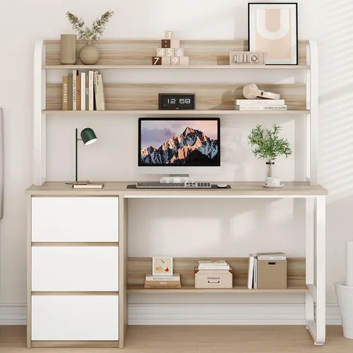 Vista 11 de MaverickFurni Escritorio para computadora de 60 pulgadas con estantes y hutch, escritorio de oficina en casa con 3 cajones de almacenamiento