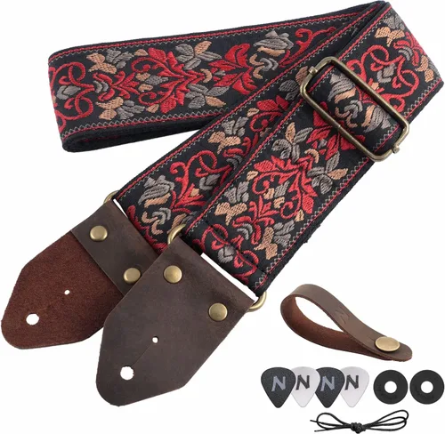 Vista 40 de Nefelibata Correa de guitarra, correas de guitarra de algodón bordado jacquard con extremos de cuero de caballo loco para bajo, eléctrico