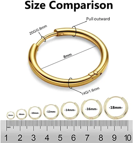 Vista 4 de Aretes de aro Huggie para mujeres y hombres, acero inoxidable quirúrgico 316L, 0.236 in, 0.315 in, 0.394 in, para hombre, aretes de aro