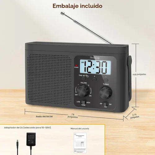 Vista 6 de DreamSky Radio AM FM Portátil - Radio de Onda Corta a Batería o Enchufe de Pared para Casa al Aire Libre, Fuerte Recepción, Dial Grande Fácil
