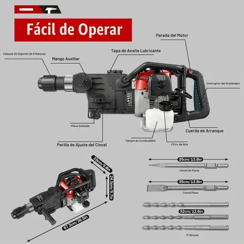 Vista 4 de Martillo de demolición de 32.7 CC, trituradora de hormigón de 2 tiempos, martillo Jack de servicio pesado de 1100 W, 5 piezas de broca de cincel