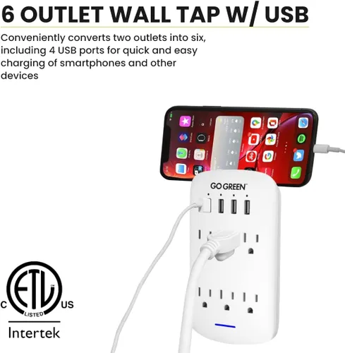 Vista 3 de GoGreen Power (GG-16000USB4) - Adaptador de enchufe de pared USB de 6 tomas de corriente de 2.4 amperios con puertos USB y protección contra