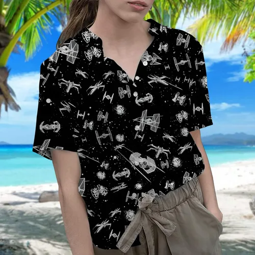 Vista 5 de GLANRA Camisa hawaiana tropical con patrón de acorazados espaciales manga corta con botones camisa de playa para vacaciones camisa unisex