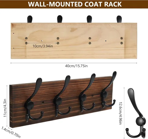 Vista 2 de Perchero de Pared para Montar en Pared, Perchero de Madera Resistente para Pared, 8 Ganchos de Perchero Triple para Colgar Abrigos, Chaquetas, Marrón