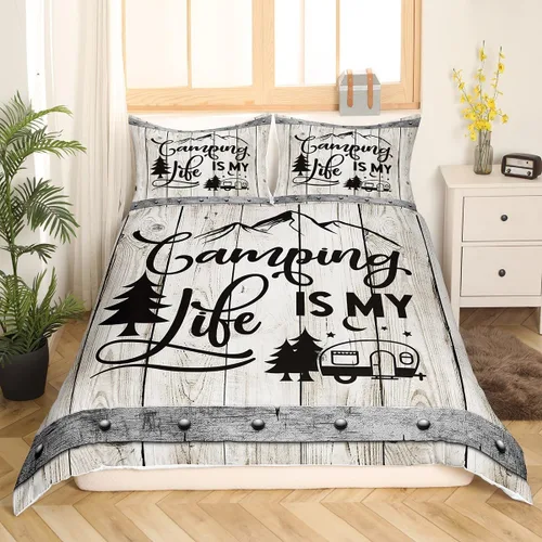 Vista 3 de Manfei Happy Camping - Juego de funda de edredón tamaño individual, funda de edredón con 1 funda de almohada, juego de ropa de cama de madera gris