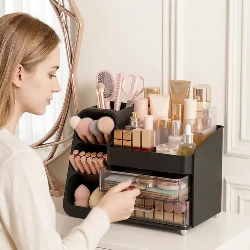 Vista 2 de Organizador de maquillaje de gran capacidad con soporte para brochas de maquillaje para tocador, material grueso, organizador de encimera de baño