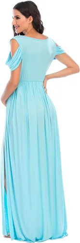 Vista 4 de ZIUMUDY Vestido de maternidad con hombros descubiertos y cuello en V envuelto para sesión de fotos, vestido maxi para baby shower
